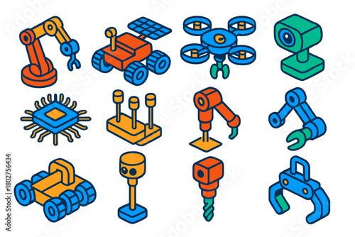 Space Robotics Icons. Isometric vector illustration set Space Robotics Icons: robotic arm, autonomous rover, repair drone,