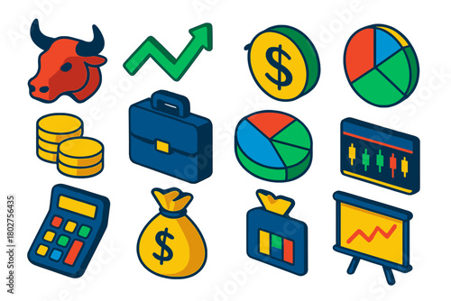 Market Analysis Icons. Isometric vector illustration set Market Analysis Icons: bull head, bear head, upward arrow, dollar sign,