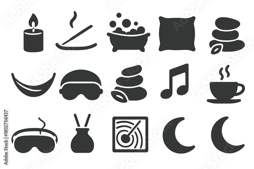 Relaxation Icon Set. Solid style icons of Relaxation and calm: candle, incense, bubble bath, soft pillow, hammock, spa stones,