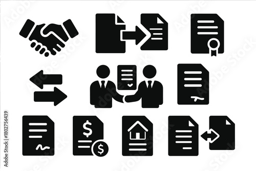 Business Deal Icons. Solid style icons of Deals: business handshake, paper exchange, contract exchange, deal arrows, trade
