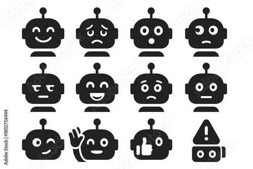 Robot Emotions Icons. Solid style icons of Robot emotions and expressions: happy robot, sad robot, surprised robot, curious robot,