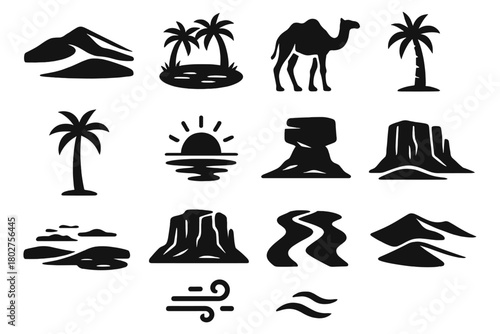 Egyptian Desert Icons. Solid style icons of Egyptian desert landscape: sand dunes, oasis, camel, palm tree, sun, desert rock