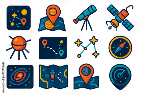 Space Navigation Icons. Isometric vector illustration set Space Navigation Icons: star chart, planet location pin, telescope,
