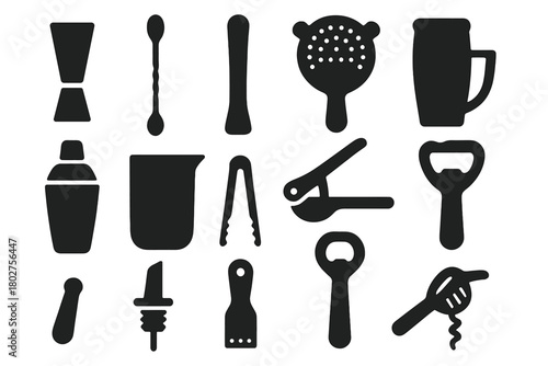 Bartending Tools Icons. Solid style icons of bartending tools: jigger, bar spoon, muddler, strainer, shaker tin, mixing glass,