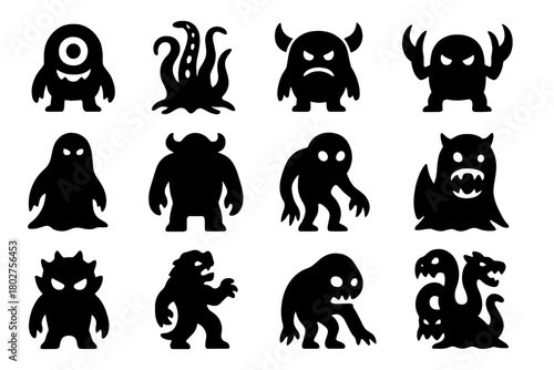 Solid Monster Icons. Solid style icons of monsters: one-eyed monster, tentacle monster, horned beast, clawed monster, shadowy