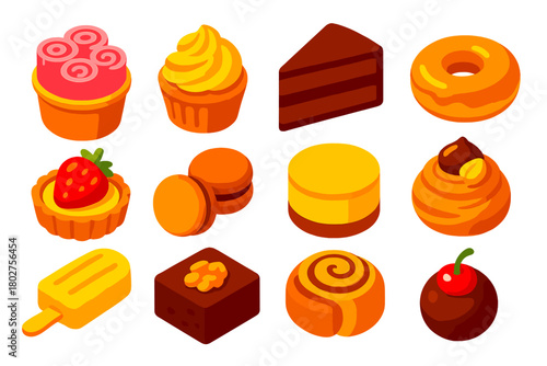 Vibrant Dessert Icons. Isometric vector illustration set dessert icons: rolled ice cream cup, buttercream cupcake, chocolate fudge