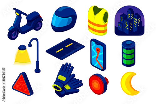 Urban Night Ride Icons. Isometric vector illustration set Urban Night Ride Icons: scooter with lights, helmet, reflective jacket,