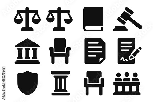 Justice Icons Collection. Solid style icons of justice symbols: balanced scales, unbalanced scales, law book, gavel hammer,