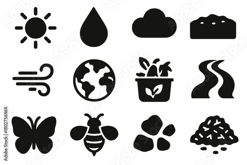Nature Elements Icons. Solid style icons of Nature elements: sun, rain droplet, cloud, soil, wind, earth, compost, water stream,