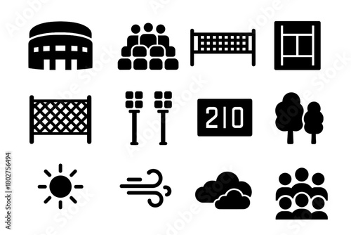Tennis Court Icons. Solid style icons of Tennis court environment: stadium, stands, net posts, lines, fence, lights, scoreboard,