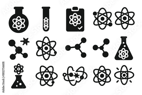 Chemistry Atom Icons. Solid style icons of Chemistry atoms: atom in flask, atom in tube, molecule bond test, atomic structure,