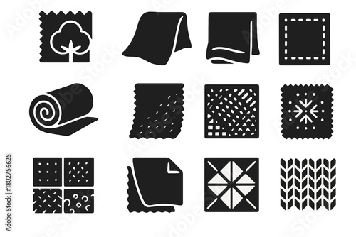 Fabric Icon Collection. Solid style icons of Fabric and textiles: cotton swatch, silk piece, denim, wool roll, linen, patterned