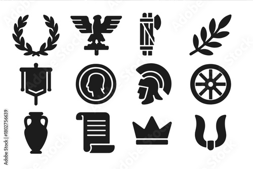 Roman Icon Set. Solid style icons of Roman symbols: laurel wreath, eagle standard, fasces, olive branch, Roman banner, coin emblem