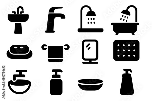 Bathroom Essentials Icons. Solid style icons of Bathroom accessories: sink, faucet, shower, bathtub, soap holder, towel rack,