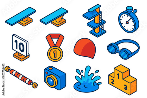 Diving Competition Icons. Isometric vector illustration set Diving Competition Icons: diving board, springboard, platform tower,
