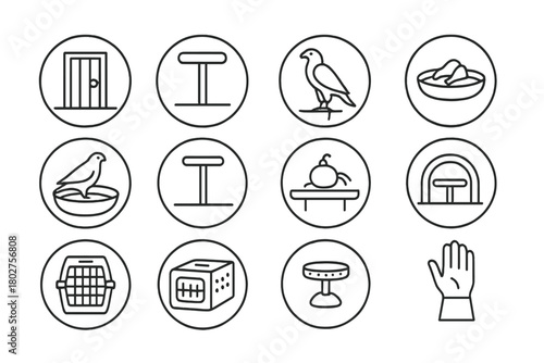 Falcon Housing Icons. Line style icons of falcon housing in round shape: mews door, perch in mews, tethered falcon, feeding area;