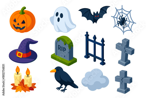 Cemetery Icons Collection. Isometric vector illustration set Cemetery Scene Icons: pumpkin lantern, ghost figure, bat silhouette,