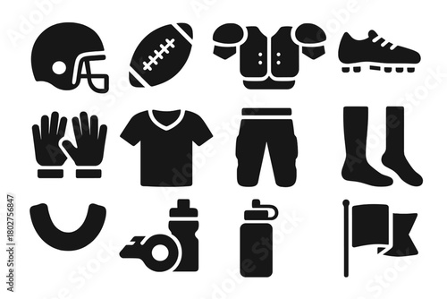 American Football Icon Set. Solid style icons of American Football equipment: helmet, football, shoulder pads, cleats, gloves,