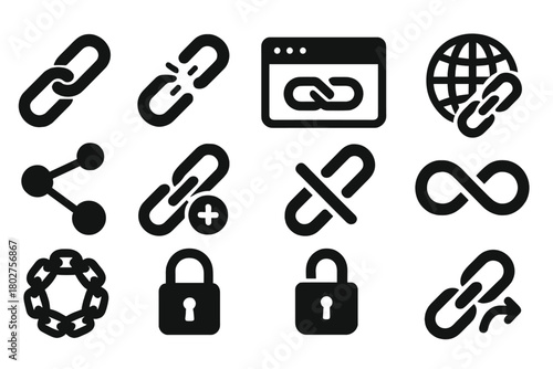 Solid Link Icons. Solid style icons of link symbols: chain link, broken link, URL bar, globe with chain, connected nodes, link