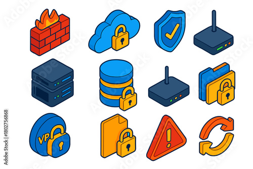 IT Security Icon Set. Isometric vector illustration set IT Security Icons: firewall wall, secure cloud, shield badge, server rack,