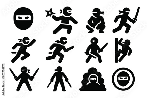 Solid Ninja Icons. Solid style icons of ninjas: ninja head with mask, ninja star thrower, crouching ninja, jumping ninja, running