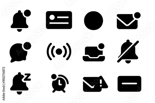 Notification Icon Set. Solid style icons of notifications: bell alert, push notification card, badge dot, inbox badge, message