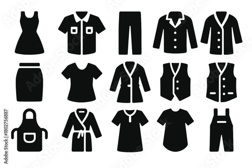 Solid Clothing Icons. Solid style icons of Clothing creation: dress, shirt, pants, jacket, skirt, blouse, coat, vest, apron, robe,