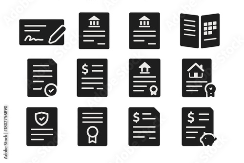 Banking Document Icons. Solid style icons of Banking documents: cheque book, deposit slip, withdrawal slip, passbook, bank