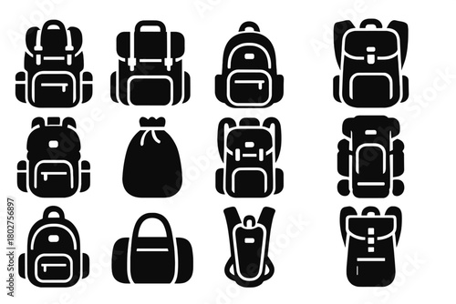 Backpack Icon Collection. Solid style icons of Backpacks: hiking backpack, travel bag, daypack, rucksack, camping pack, drawstring