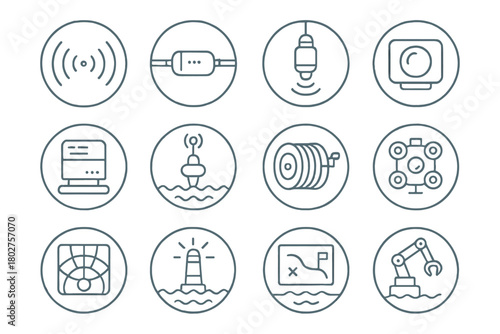 Underwater Technology Icons. Line style icons of underwater technology in round shape: sonar wave, communication cable, deep