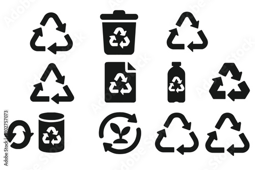 Recycling Icons. Solid style icons of Recycling symbols: circular arrows, recycling bin, recycle loop, eco triangle, paper recycle