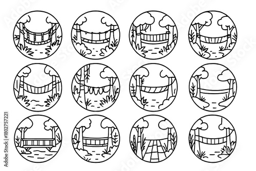 Jungle Bridge Icons. Line style icons of jungle bridges in round shape: vine bridge, rope bridge, wooden plank bridge, fallen log