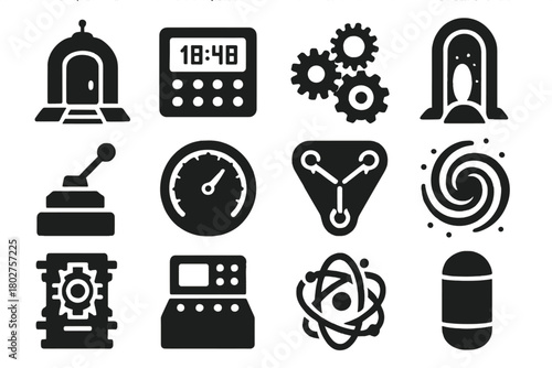 Futuristic Time Machine Icons. Solid style icons of Time machines: futuristic time machine, control panel, spinning gears, glowing