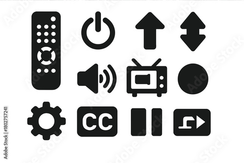 TV Remote Control Icons. Solid style icons of TV controls: remote with buttons, power symbol, channel up, channel down, volume up,