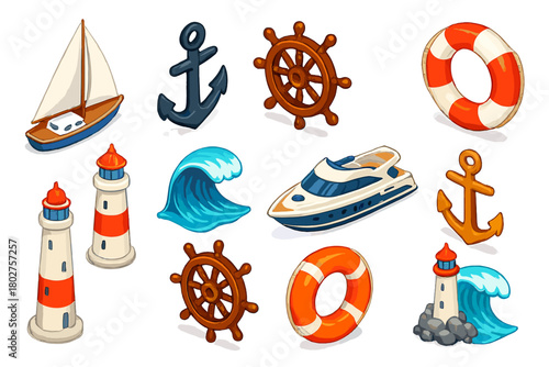 Nautical Symbols Collection. Isometric vector illustration set nautical symbols: harbor sailboat, black matte anchor, varnished