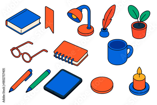 Minimalist Reading Essentials. Isometric vector illustration set Minimalist Reading Icons: clean hardcover book, bookmark, simple