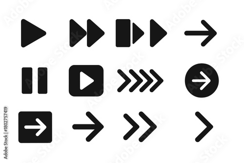 Next Arrow Icons. Solid style icons of next: play arrow, fast forward arrow, next track arrow, next page arrow, step forward arrow
