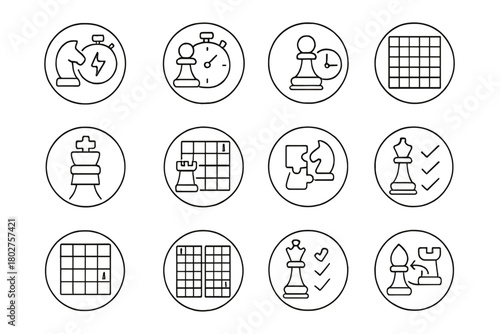 Chess Variations Icons. Line style icons of chess variations in round shape: bullet chess, blitz game, rapid match, classical