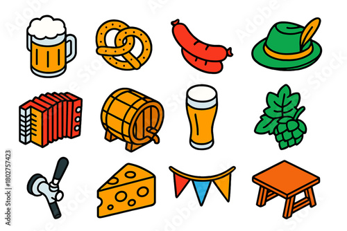 Festive Beer Icons. Isometric vector illustration set Festive Beer Hall Linear Icons: beer mug, pretzel, sausage link, Tyrolean