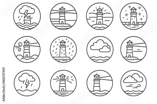 Weather-Driven Lighthouse Icons. Line style icons of lighthouse weather in round shape: thunderstorm at sea, fog rolling in,