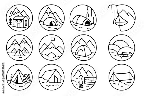 Mountain Shelter Line Icons. Line style icons of mountain shelters in round shape: alpine hut, snow cave, emergency bivy, cliff