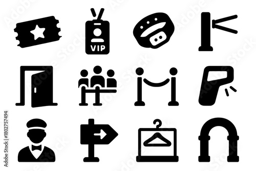 Concert Entry Icons. Solid style icons of Concert tickets and entry: ticket stub, VIP pass, wristband, turnstile, entrance door,