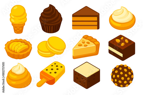 Vibrant Dessert Icons. Isometric vector illustration set dessert icons: mango ice cream, chocolate swirl cupcake, coffee cake