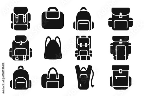 Backpack Icon Collection. Solid style icons of Backpacks: hiking backpack, travel bag, daypack, rucksack, camping pack, drawstring