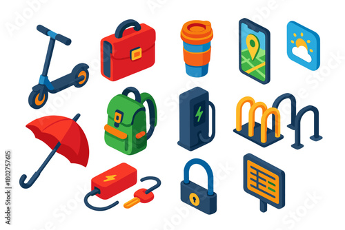 E-Scooter Commuter Icons. Isometric vector illustration set E-Scooter Commuting Icons: commuter scooter, laptop bag, travel coffee