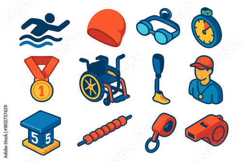 Paralympic Swimming Icons. Isometric vector illustration set Paralympic Swimming Icons: para-swimmer silhouette, adaptive swim cap
