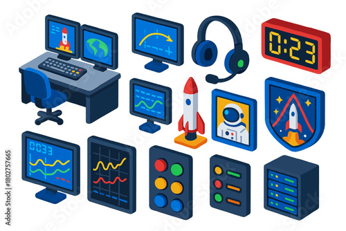 Space Mission Control Icons. Isometric vector illustration set Space Mission Control Icons: mission control desk, multiple screens