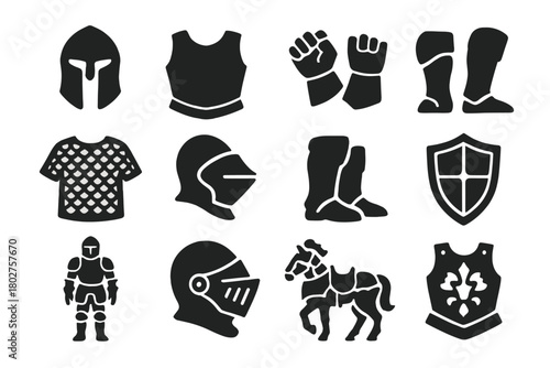 Iconic Medieval Armor. Solid style icons of armor: helmet, breastplate, gauntlets, greaves, chainmail, shoulder plate, armored