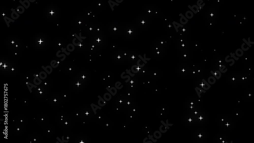 Falling white glitter stars and sparkling particle dust animation on black background, magical starlight confetti overlay for festive celebration and abstract cosmic effect element for design