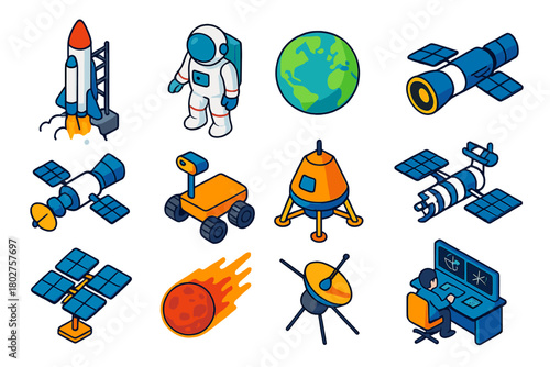 Space Exploration Icons. Isometric vector illustration set Space Exploration Icons: rocket launch, astronaut in suit, Earth planet